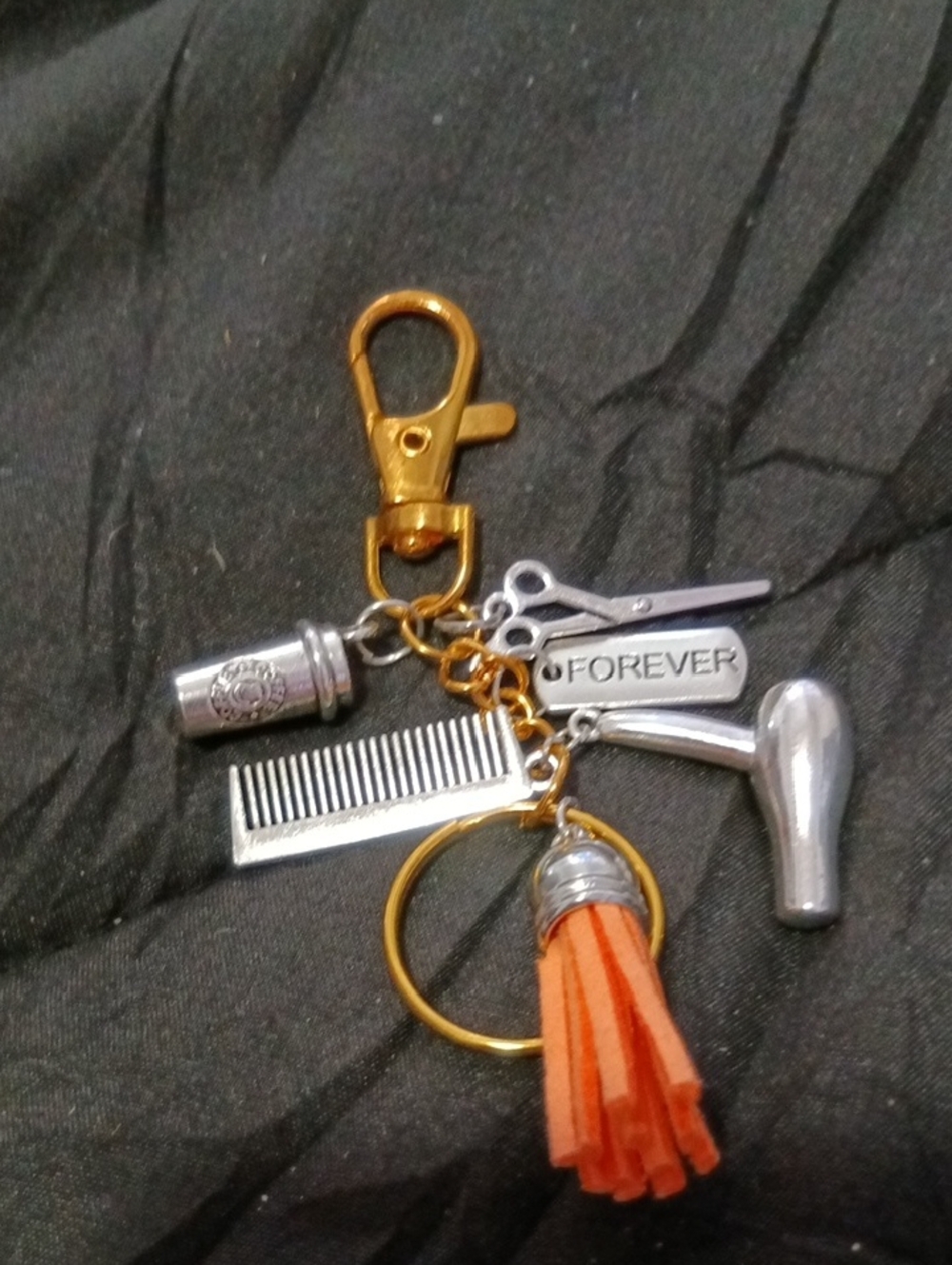 Silver Salon Tools Keychain with Orange Tassel
